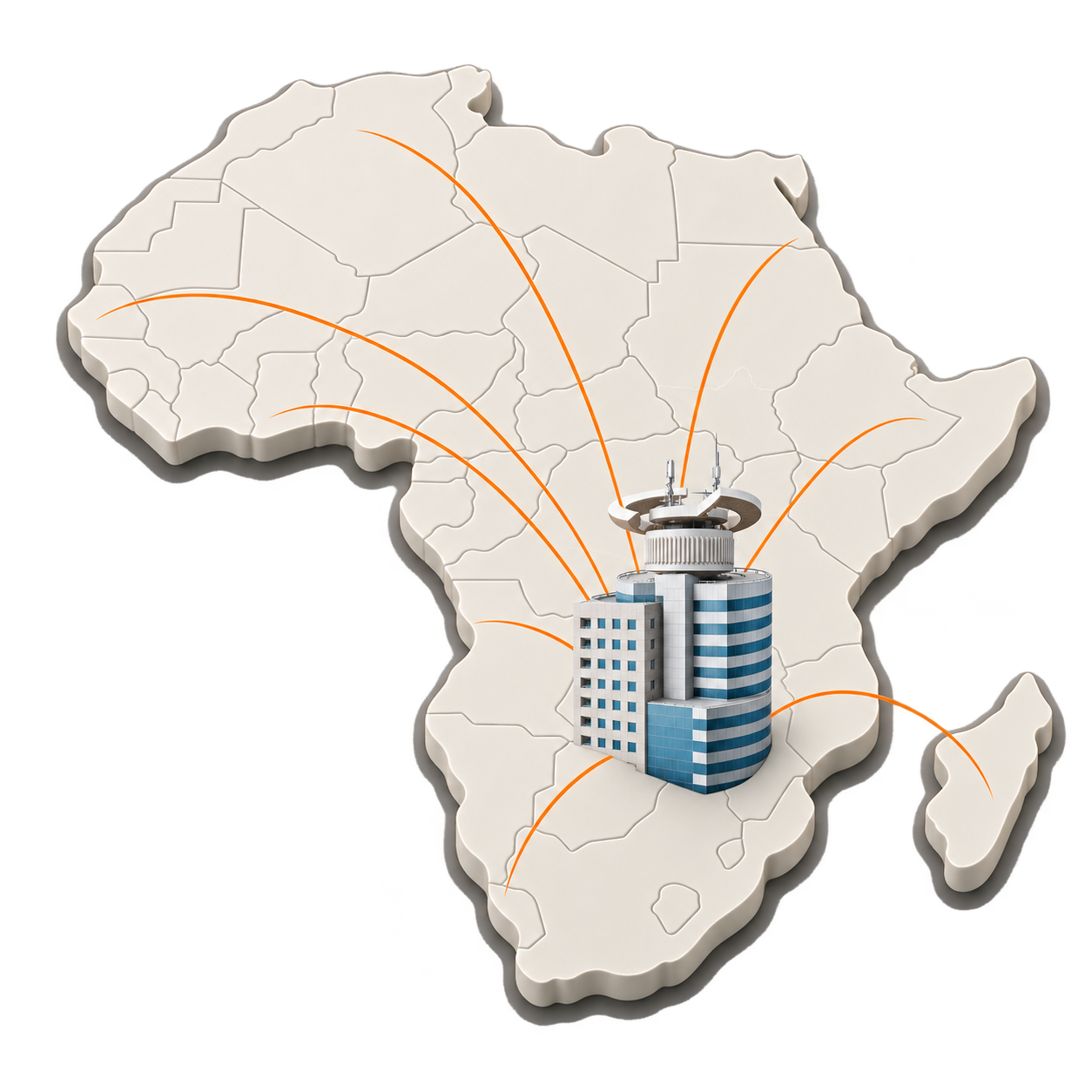 3D map of Africa with the upper Joina City tower in Zimbabwe connecting across the continent