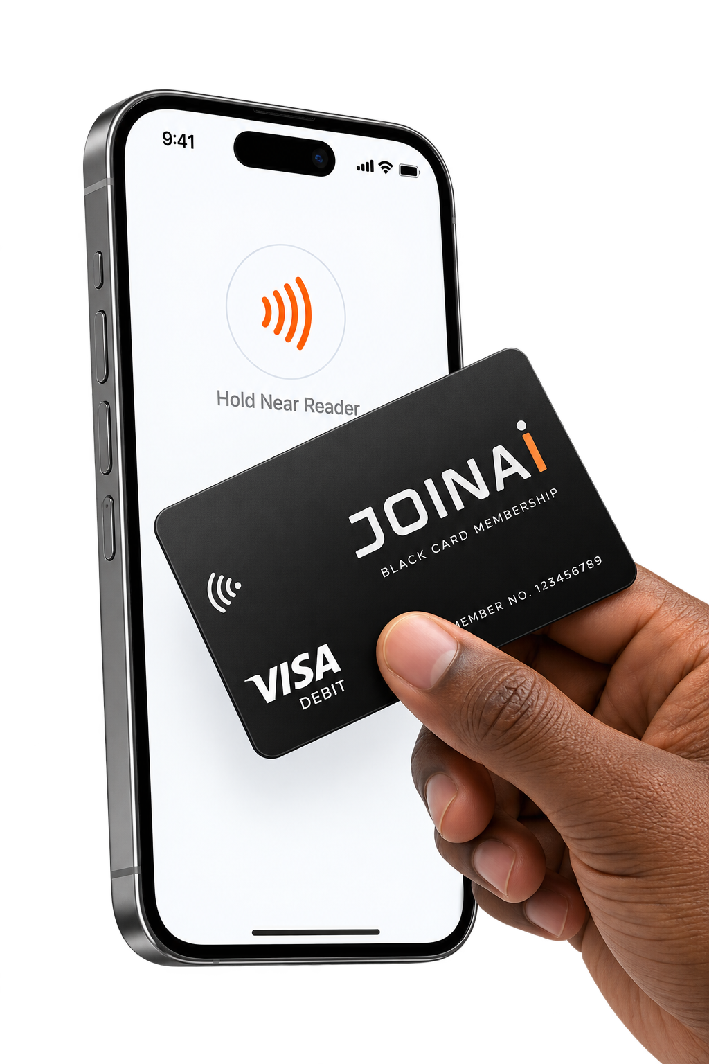 A hand holding a JoinAI black card in front of a smartphone ready for contactless payment